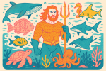Aquaman entouré de créatures marines en style risographie