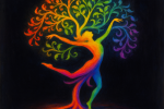 Paysage minimaliste avec un arbre dansant en silhouette colorée, style Leonetto Cappiello
