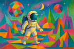 Astronaute explorant une planète géométrique colorée, style Mary Blair