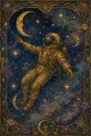 Astronaute parmi les étoiles stylisées, style Edmund Dulac