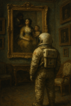 Astronaute contemplant un tableau dans un salon du 18ème siècle, style Francisco de Goya