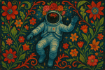 Astronaute flottant dans l'espace avec des éléments floraux mexicains, style Frida Kahlo