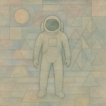 Astronaute dans un paysage abstrait aux couleurs subtiles, style Paul Klee