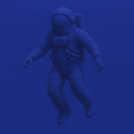 Astronaute flottant dans l'espace monochrome bleu IKB, style Yves Klein