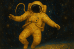 Astronaute flottant dans l'espace avec une combinaison ornée de motifs dorés, style Gustav Klimt