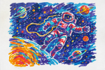 Astronaute flottant dans l'espace avec des couleurs vives, style Charles Lapicque