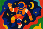 Astronaute dans un décor spatial aux couleurs vives et formes simplifiées, style Henri Matisse