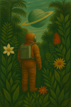 Astronaute contemplant une jungle extraterrestre, style Henri Rousseau