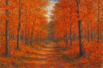 Forêt d'automne avec des tons oranges et rouges, style Alfred Sisley