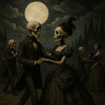 Scène de bal victorien avec des squelettes élégants dansant sous une pleine lune, dans un décor gothique et poétique