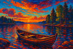 Bateau sur un lac finlandais avec des couleurs ultra-vives, style Akseli Gallen-Kallela