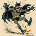 Batman maladroit glissant sur une peau de banane, dessiné dans un style humoristique