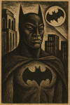 Batman traité en linogravure social‑realism, style Catlett