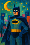 Batman réinterprété dans un style géométrique coloré, façon Mary Blair