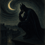 Batman contemplatif sur un toit la nuit, réinterprété dans le style de Léon Spilliaert