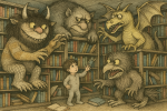 Scène de bibliothèque débordée de livres, animée par des créatures imaginaires façon Maurice Sendak