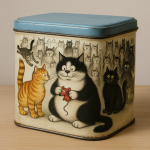 Photographie réaliste d'une boîte de biscuits en métal avec illustrations façon Dubout