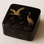 Photo réaliste d'une boîte à thé en laque avec des motifs de grues, style Shibata Zeshin