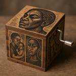 Photographie réaliste d’une boîte à musique décorée de gravures façon Elizabeth Catlett