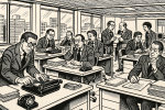 Scène de bureau moderne dans le style de Georges Pichard
