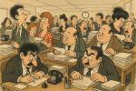 Bureau encombré avec employés dessinés façon Dubout