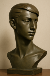Buste stylisé d’un jeune homme avec des lignes fluides, style Georges-Lucien Guyot
