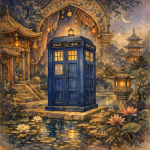 Cabine téléphonique bleue dans un décor oriental, style Edmund Dulac