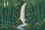 Cascade dans une forêt de bambous, style Katsushika Hokusai
