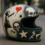 Photographie réaliste d'un casque de moto décoré avec la technique du pochoir