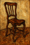 Photo réaliste d'une chaise en bois déformée, style Egon Schiele