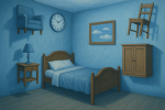 Chambre à coucher avec des meubles suspendus aux murs dans des tons bleus, style René Magritte