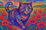 Chat contemplant un champ de coquelicots psychédéliques, style Louis Wain