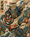 Chat guerrier tatoué pilotant un robot japonais