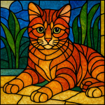 Un chat orange en vitrail vue par l'IA