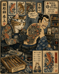Chat tatoueur travaillant dans un salon japonais contemporain