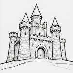 Dessin en noir et blanc d'un château fort avec des tours et un pont-levis, style coloriage.