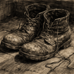 Photo réaliste de chaussures usées sur un sol en bois, style Käthe Kollwitz