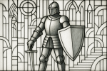 Chevalier médiéval dans un décor de vitrail blanc Art Déco, style Louis Barillet