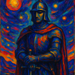 Chevalier médiéval dans un paysage cosmique aux couleurs expressionnistes, style Alexej von Jawlensky