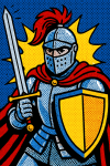 Chevalier médiéval brandissant une épée, illustré en style pop art façon Roy Lichtenstein