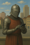 Chevalier médiéval utilisant un smartphone dans un paysage urbain, style René Magritte