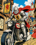 Chevalier en armure sur une moto, style Osamu Tezuka