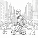 Chevalier médiéval sur un vélo moderne dans une ville contemporaine, style Saül Steinberg