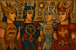 Les Chevaliers du Zodiaque dans une composition symbolique, style Victor Brauner