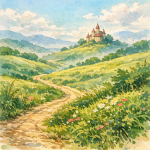Colline verdoyante avec un petit château au loin, style Hayao Miyazaki