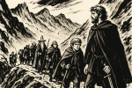 La communauté de l’anneau en marche sur un sentier vallonné, dessinée dans un style noir et blanc à la Hugo Pratt