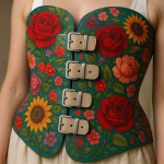 Photo réaliste d'un corset médical décoré de motifs floraux et symboliques, style Frida Kahlo