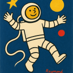Cosmonaute flottant dans l’espace avec un style graphique simplifié