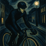 Cycliste moderne traversant un paysage urbain nocturne, style Léon Spilliaert