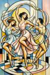 Danseuses aux formes cylindriques dans une palette de couleurs pastel, style Fernand Léger